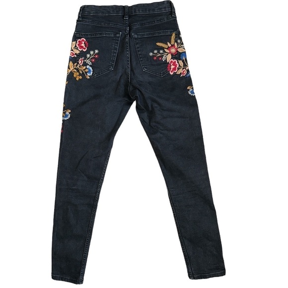 Top Shop MOTO JAMIE Faded Black W/ Floral Embroidery Ankle High Waist Stretch - Picture 3 of 10